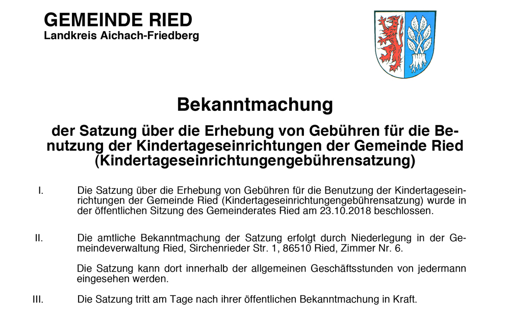  Foto zu Kindergarten - Gebührensatzung - Gemeinde Ried 